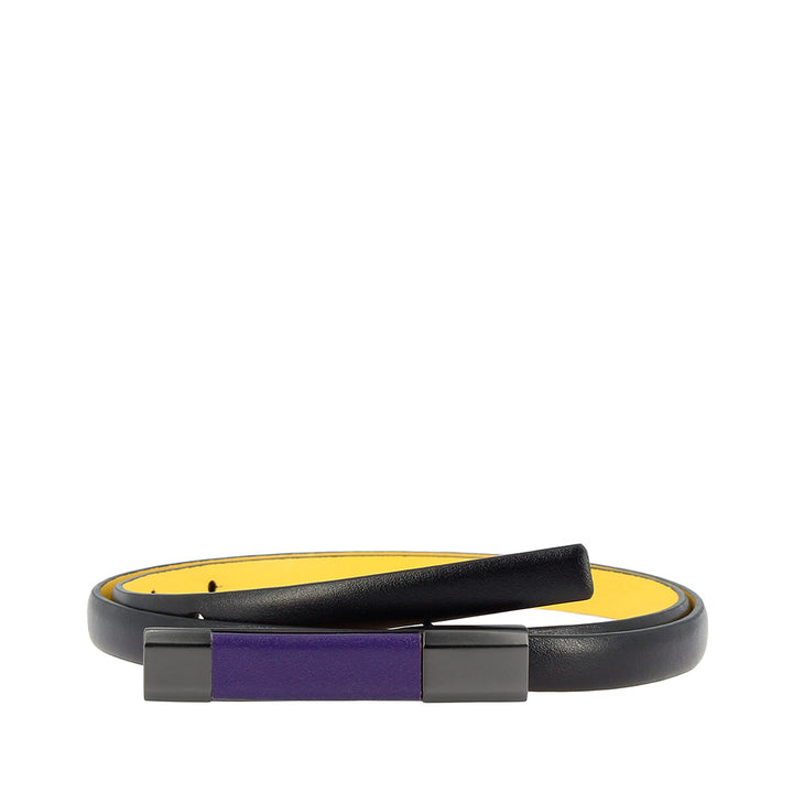 Stylish black leather belt with purple and yellow accents