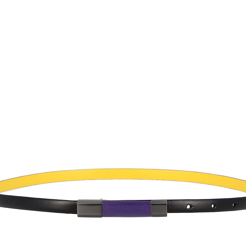 Black leather belt with yellow interior and a purple buckle