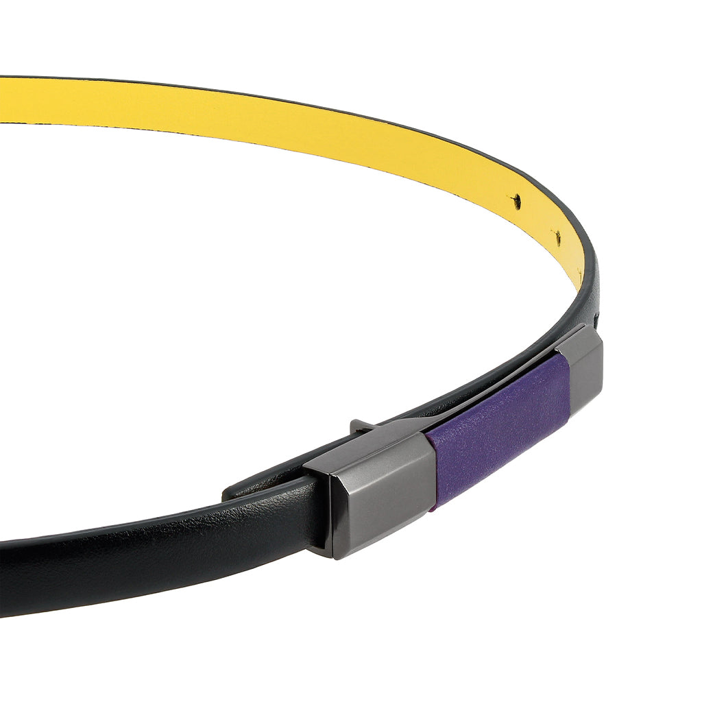 Black and yellow leather belt with purple buckle detail