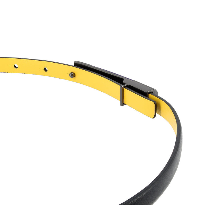 Black and yellow reversible leather belt with modern buckle