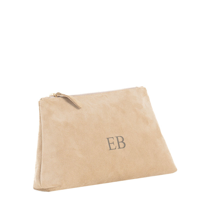 Beige suede clutch bag with monogrammed EB and gold zipper