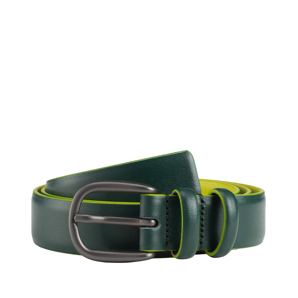 Green leather belt with silver buckle and yellow interior