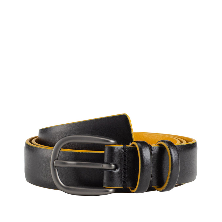 Black leather belt with metal buckle