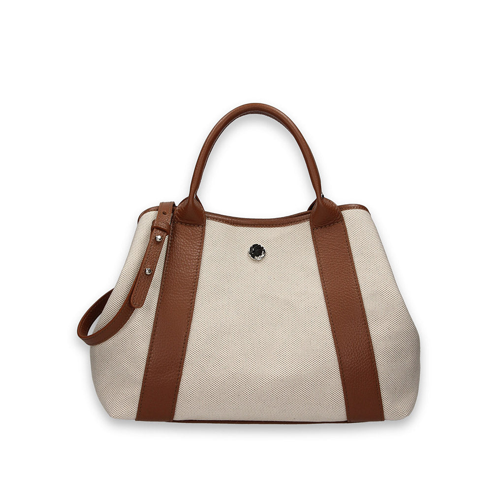 Stylish beige tote bag with brown leather straps and handles