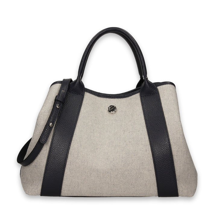 Elegant black and white leather handbag with shoulder strap