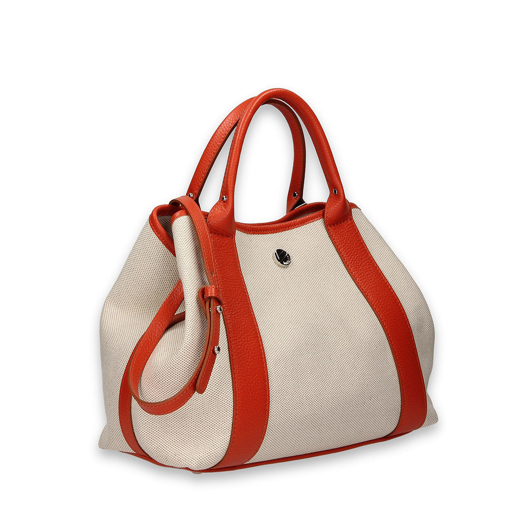Beige and orange leather handbag with top handles and shoulder strap