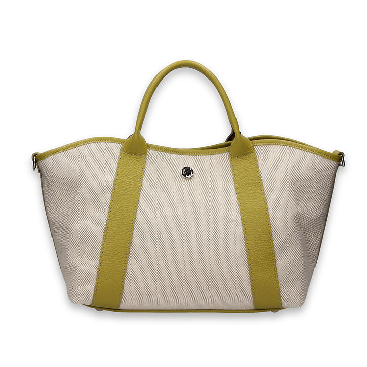 Stylish beige canvas tote bag with green handles and accents