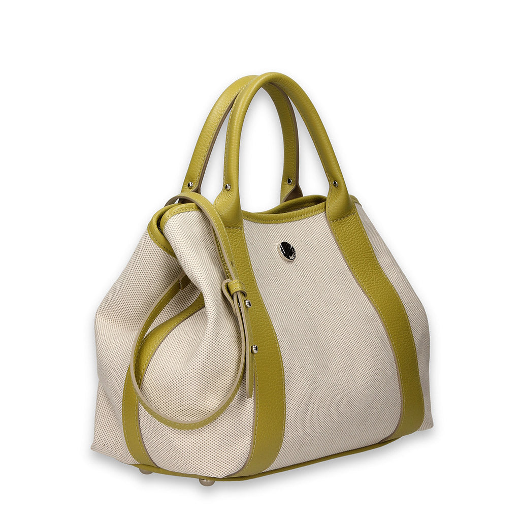 Stylish beige and green handbag with double handles and a side pocket