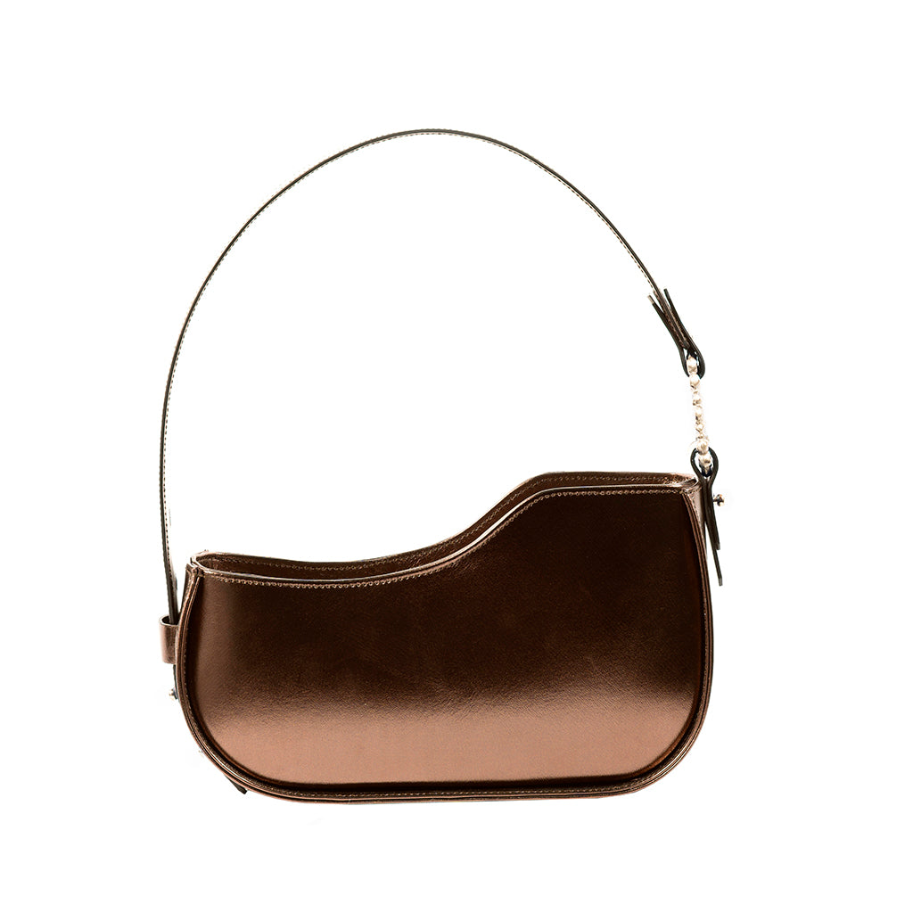 Sleek metallic brown shoulder handbag with curved design