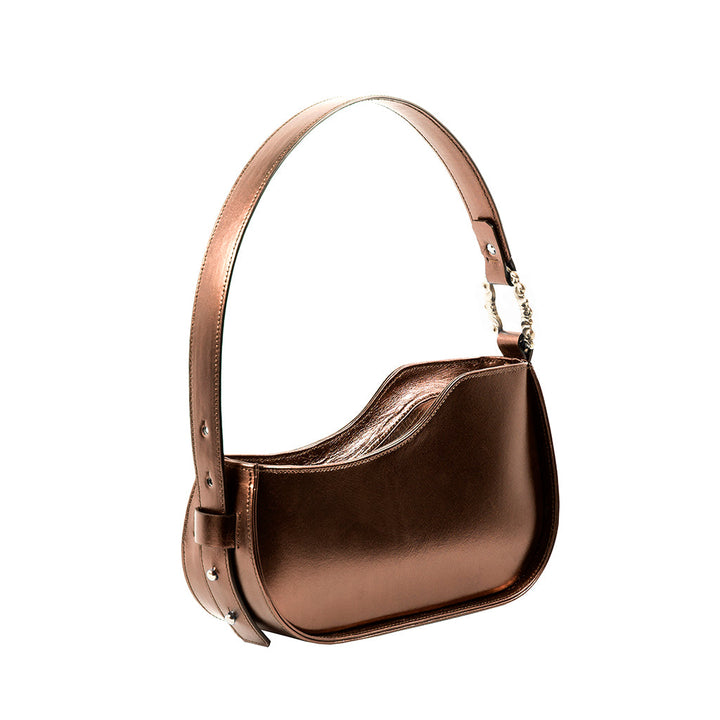 Copper metallic leather handbag with shoulder strap and buckle details