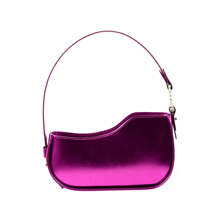 Magenta metallic handbag with curved design and short strap