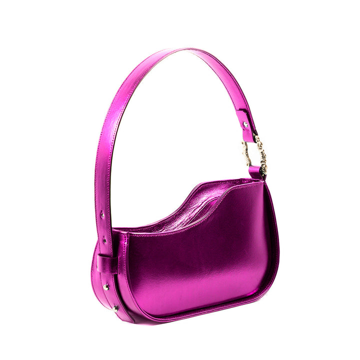 Shiny purple designer handbag with curved top and shoulder strap