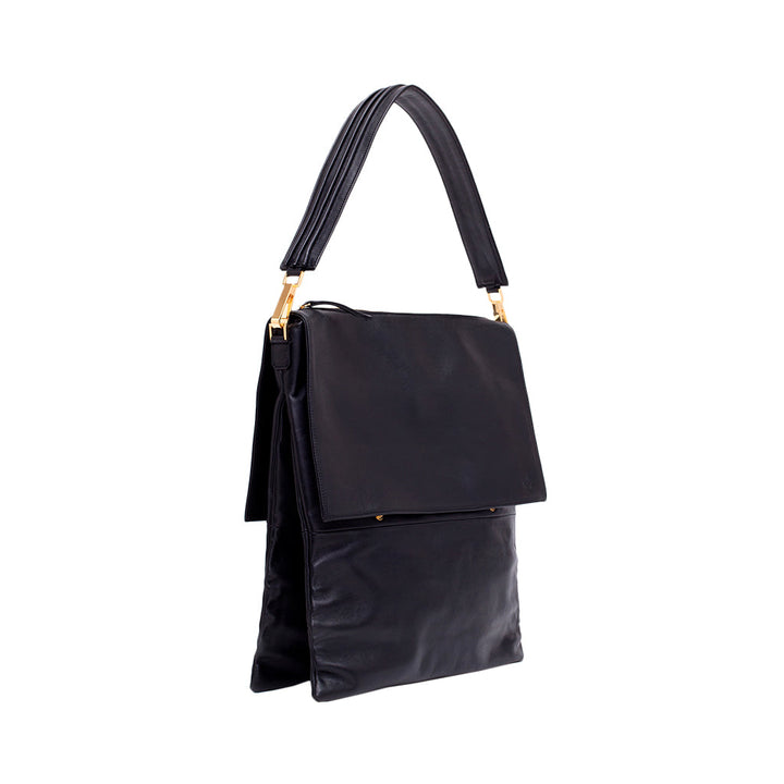 Elegant black leather handbag with gold accents and shoulder strap