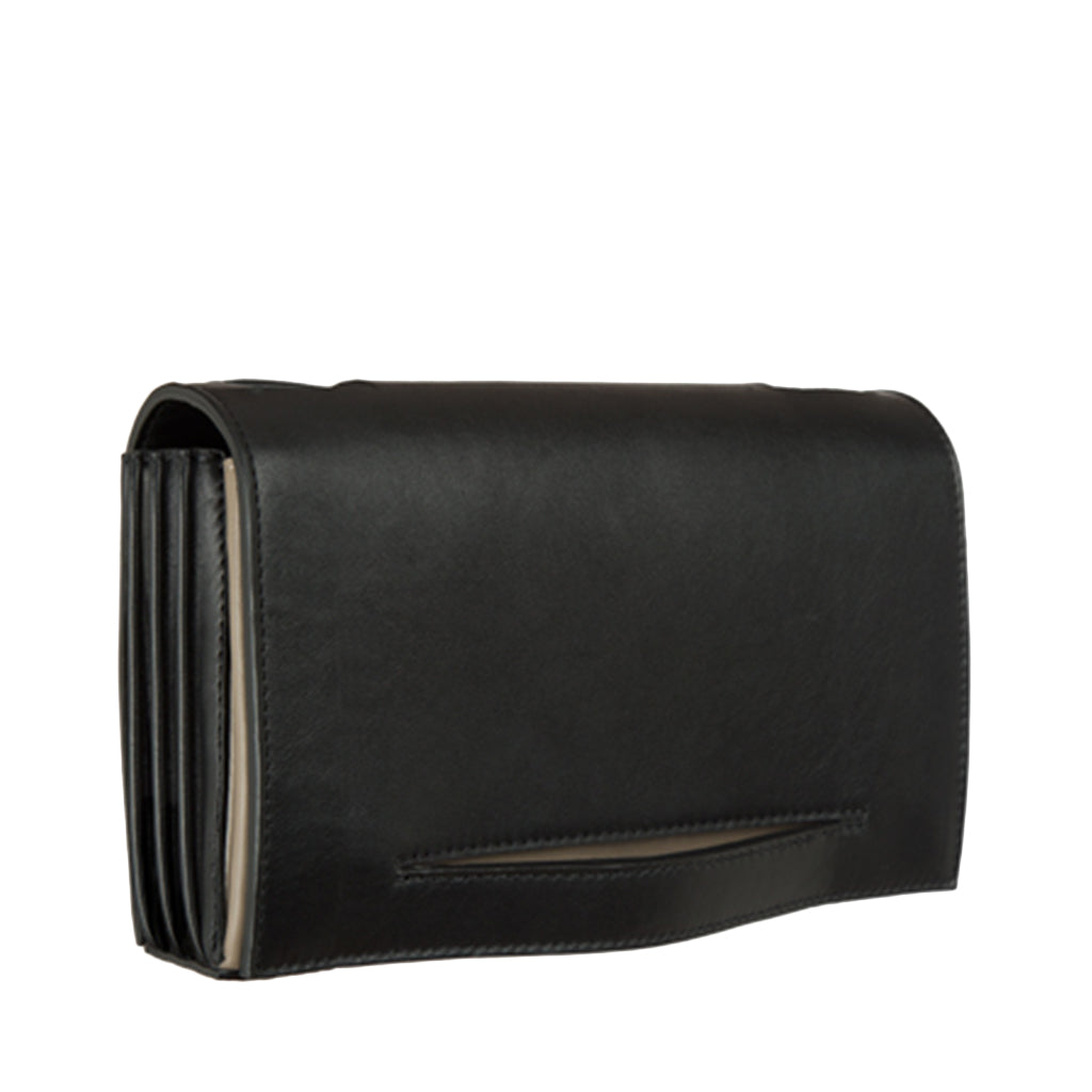 Black leather wallet with multiple compartments, side view