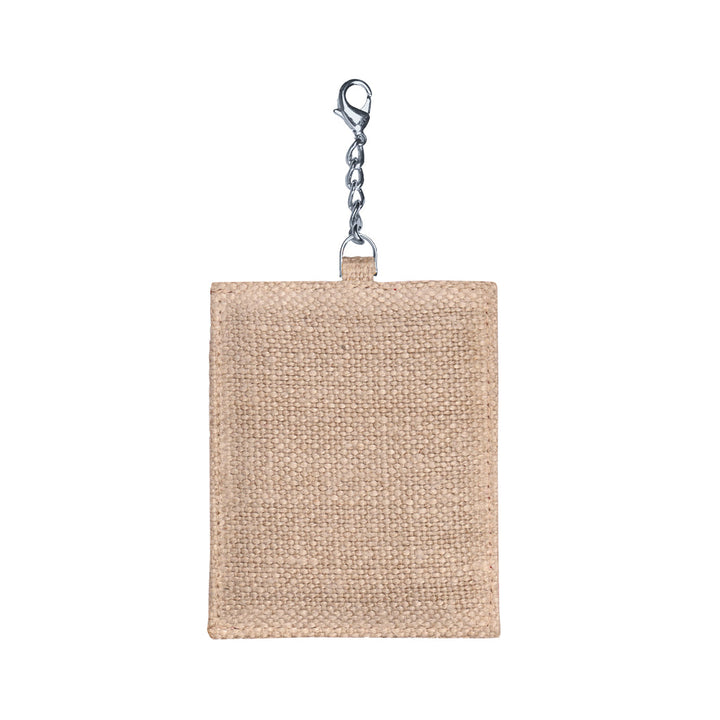 Natural burlap keychain with metal clasp on white background