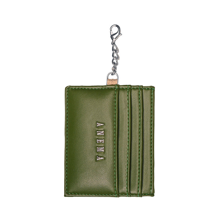 Green leather card holder with chain attachment and ANELA branding