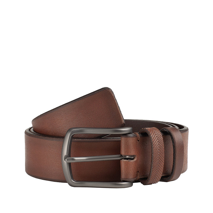 Brown leather men's belt with metal buckle