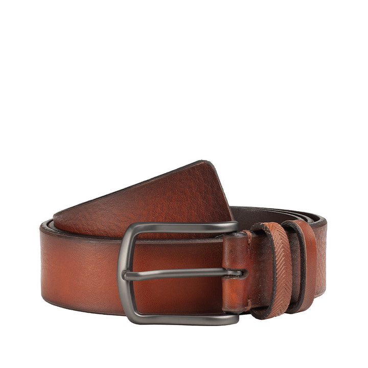 Brown leather belt with a metal buckle