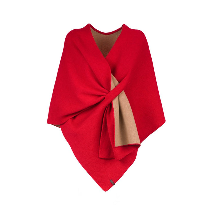 Red and beige reversible wool poncho with ornate knot design