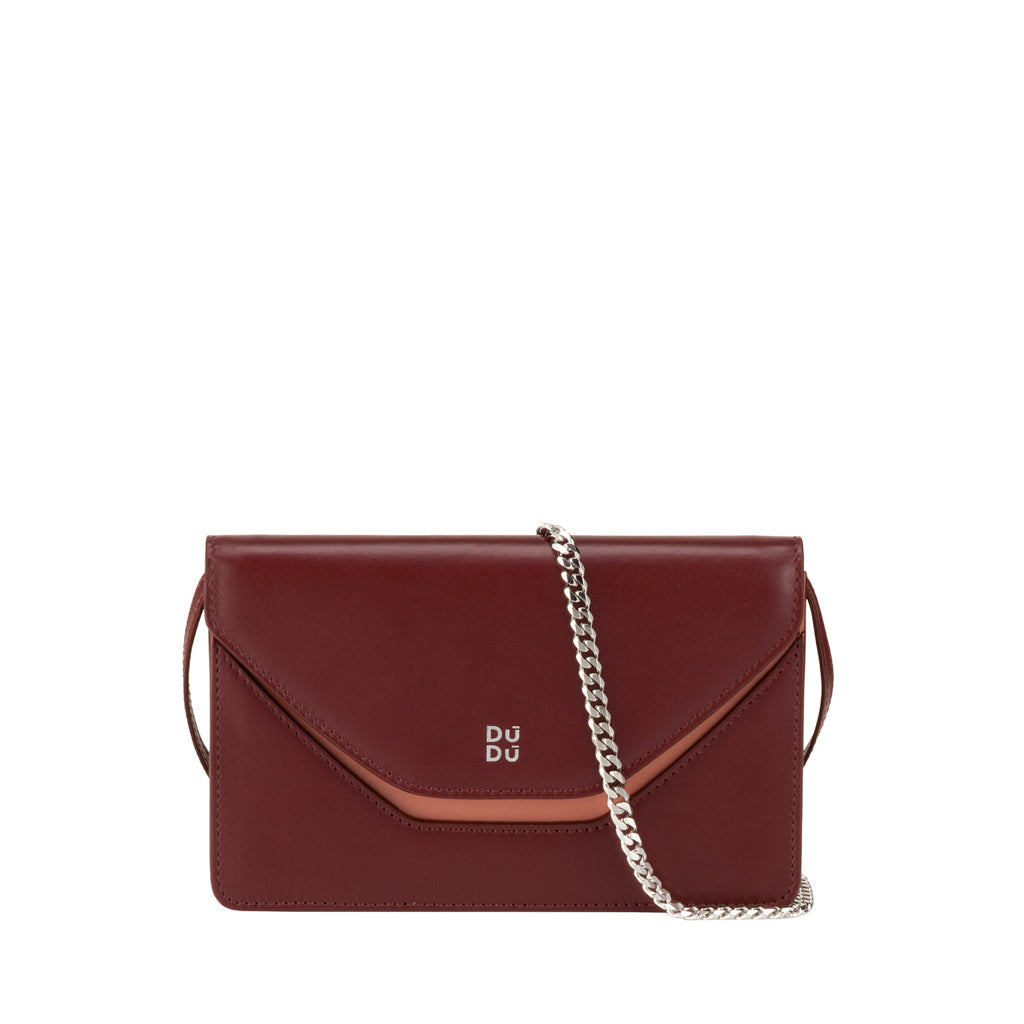 Elegant burgundy leather clutch with chain strap