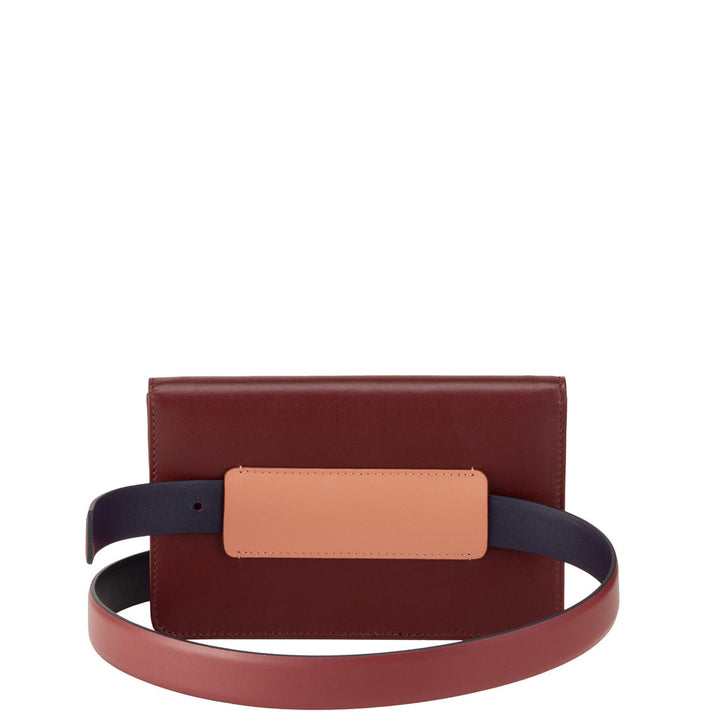 Stylish maroon and navy blue leather belt bag with a peach accent