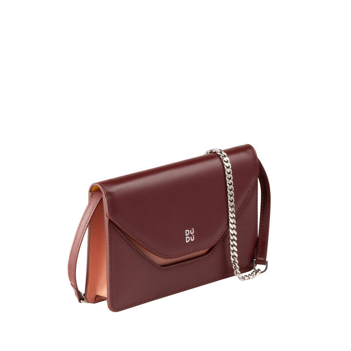 Burgundy leather crossbody handbag with chain strap and envelope-style flap