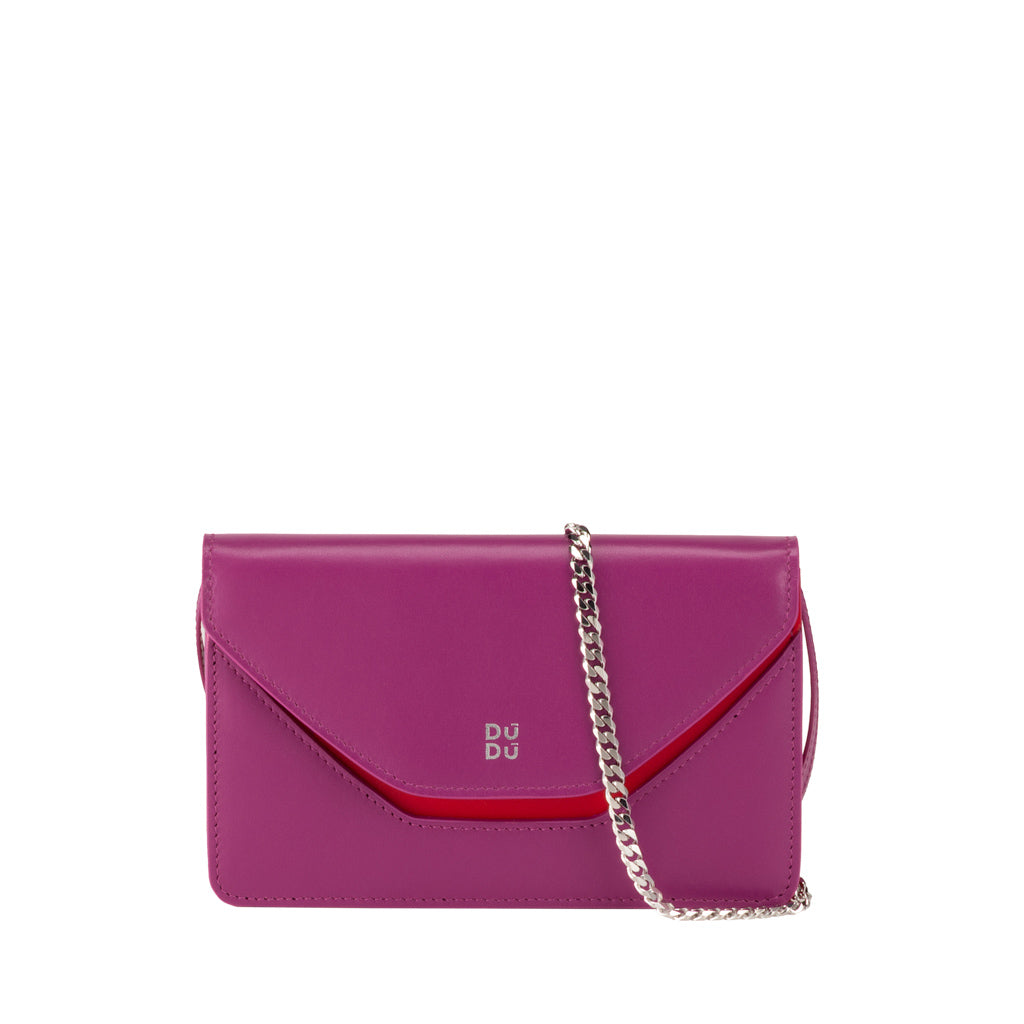 Purple leather clutch with chain strap and red accent