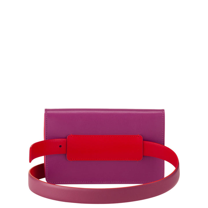 Purple and red women's leather belt bag on white background