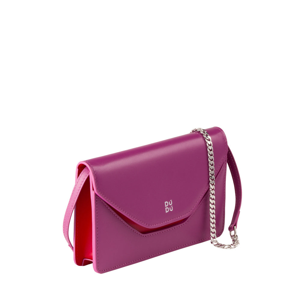 Pink leather clutch with chain strap