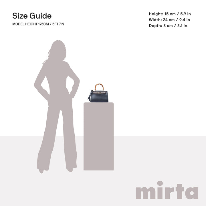 Size guide for handbag with model silhouette for scale Bag height 15 cm, width 24 cm, depth 8 cm Brand name: mirta