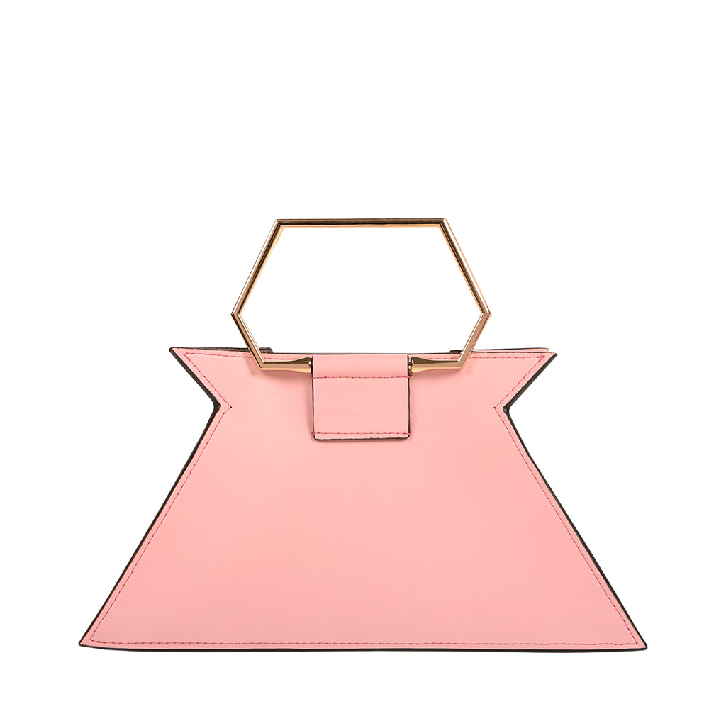 Pink geometric handbag with gold hexagonal handle
