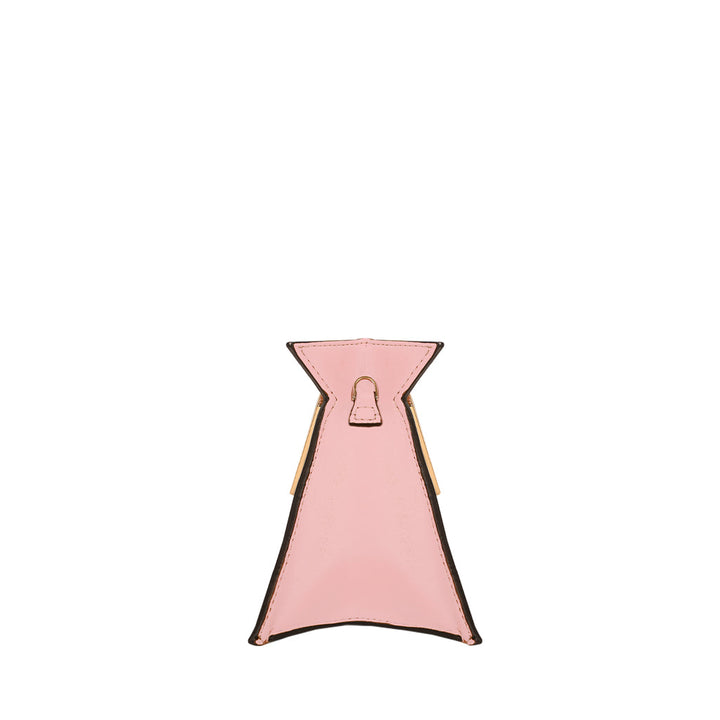 Pink designer handbag with geometric shape and black trim