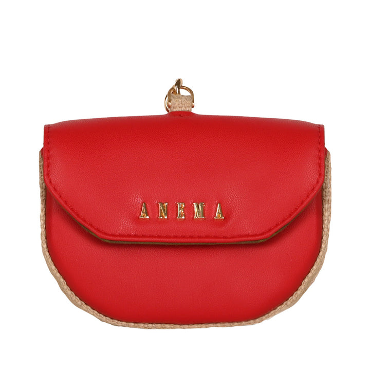 Red leather clutch bag with gold ANEMA logo and beige trim