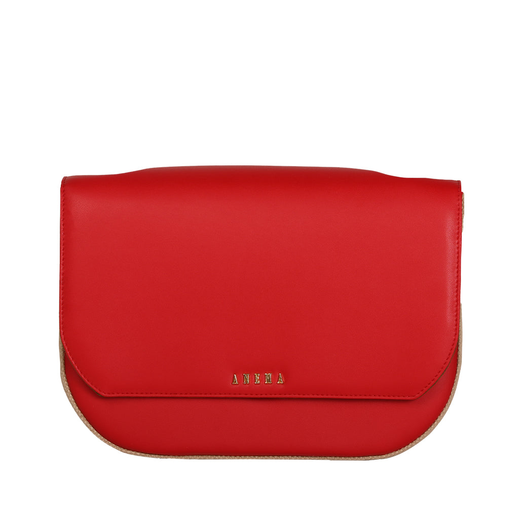 Red leather crossbody bag with gold logo by ANIMA