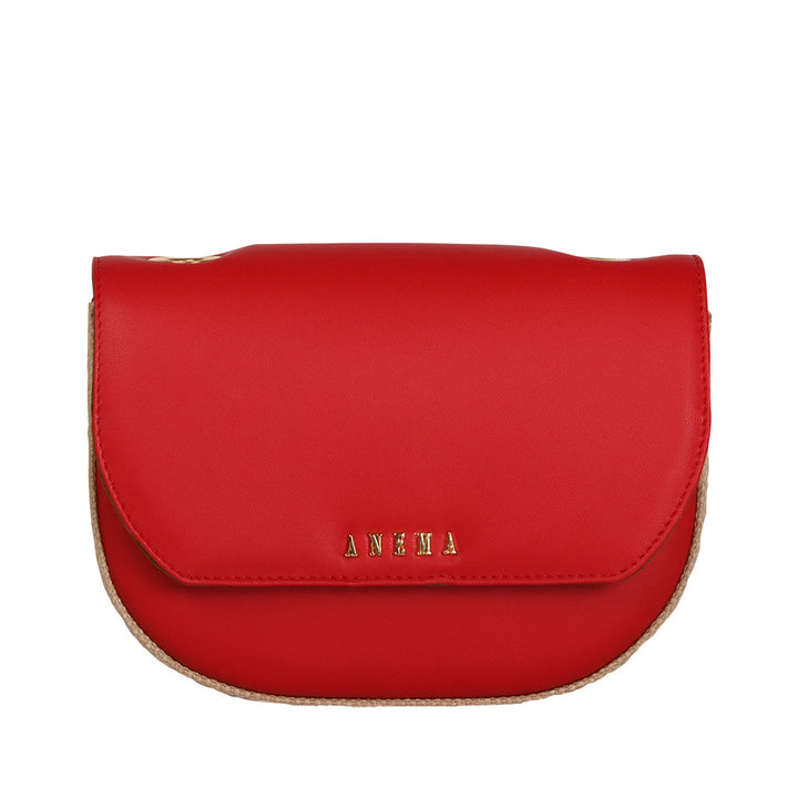 Red leather handbag with gold 'Anema' branding on front flap