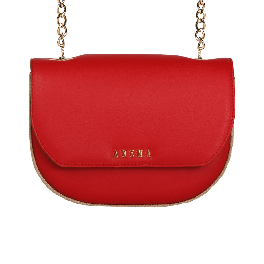 Red leather handbag with gold chain strap and ANEMA logo