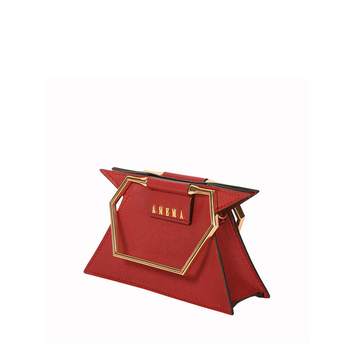 Red geometric designer handbag with gold hardware and branded logo