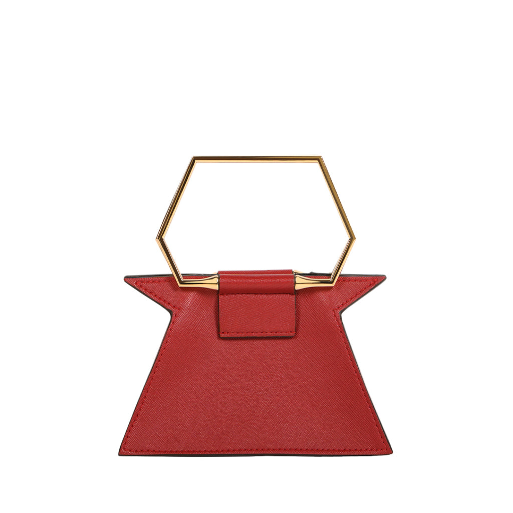 Red hexagon handle designer handbag with unique geometric shape