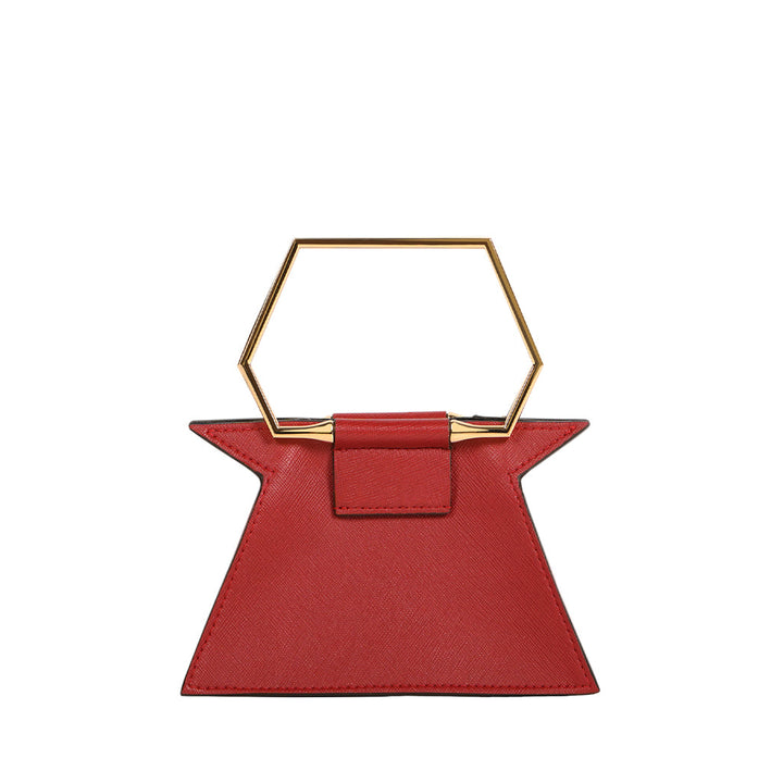 Red hexagon handle designer handbag with unique geometric shape