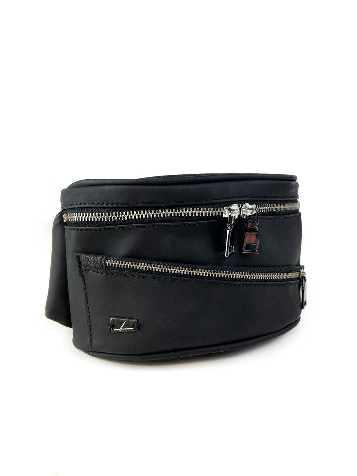 Black leather fanny pack with multiple zippered compartments