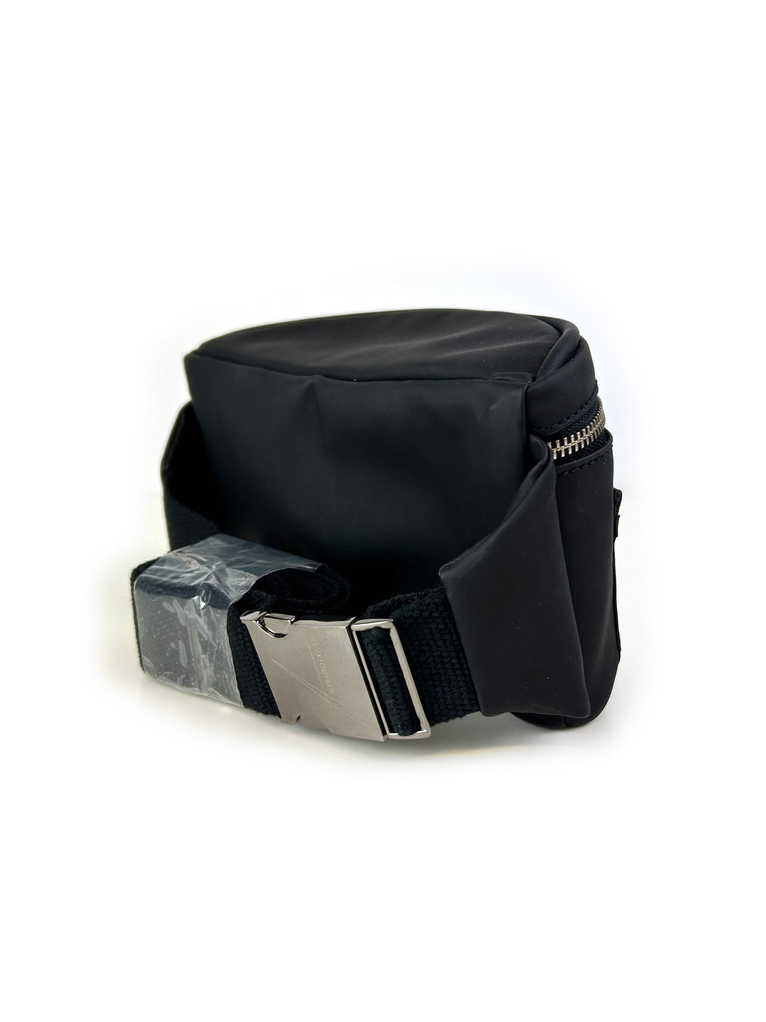 Black waist bag with adjustable strap and zipper closure