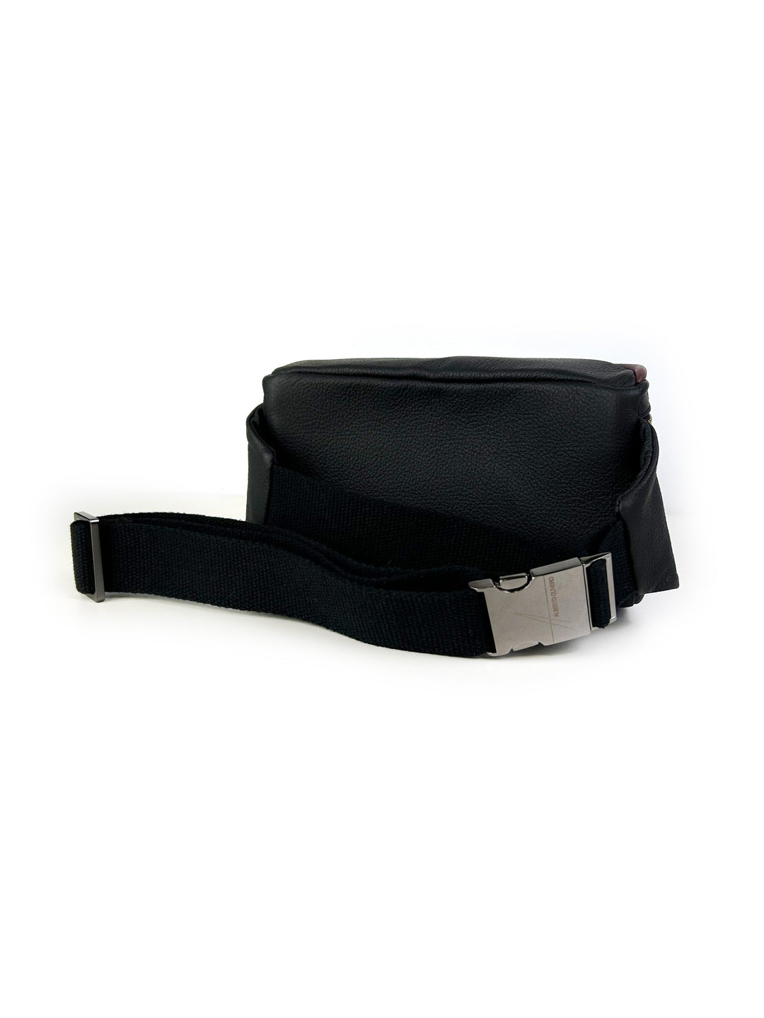 Black leather fanny pack with adjustable strap and silver buckle