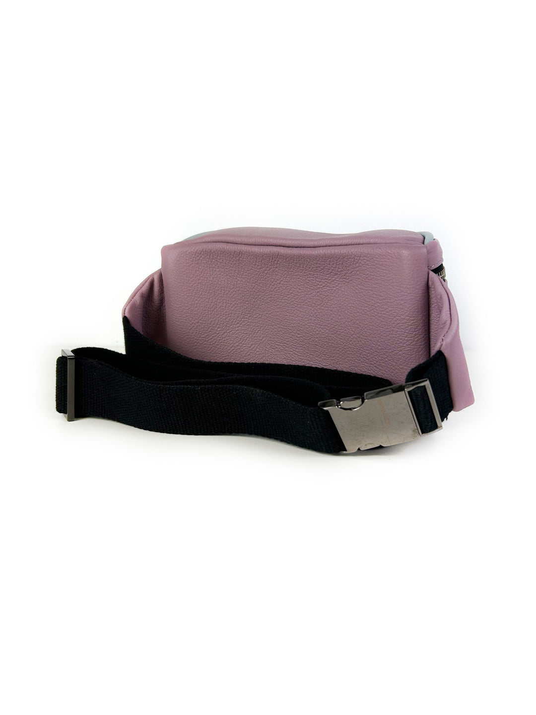 Pink leather fanny pack with black adjustable strap and silver buckle