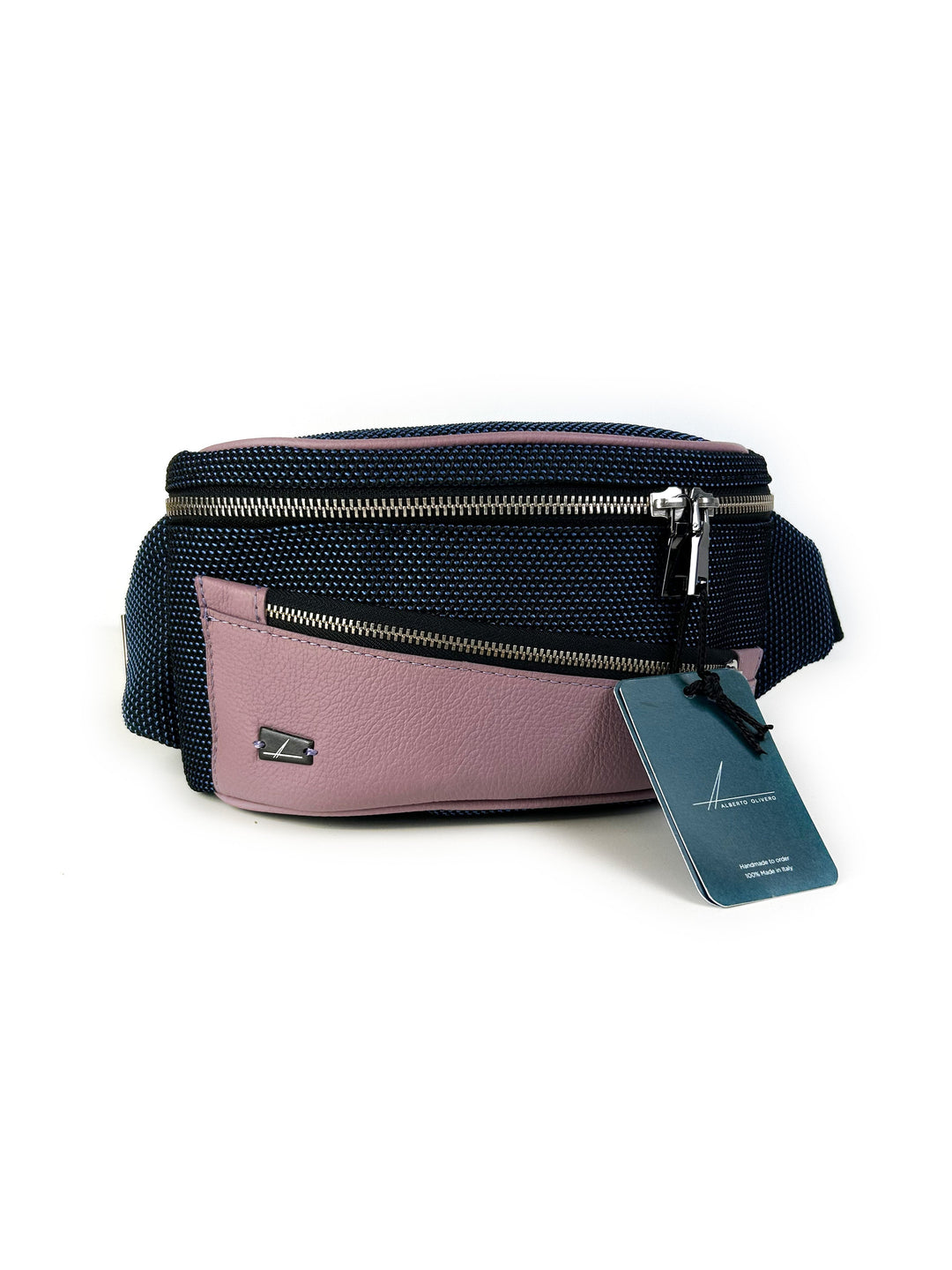 Pink leather waist bag with black mesh detailing and silver zippers