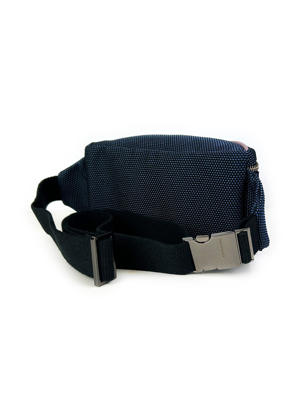 Navy blue textured waist bag with adjustable black strap and metal buckle