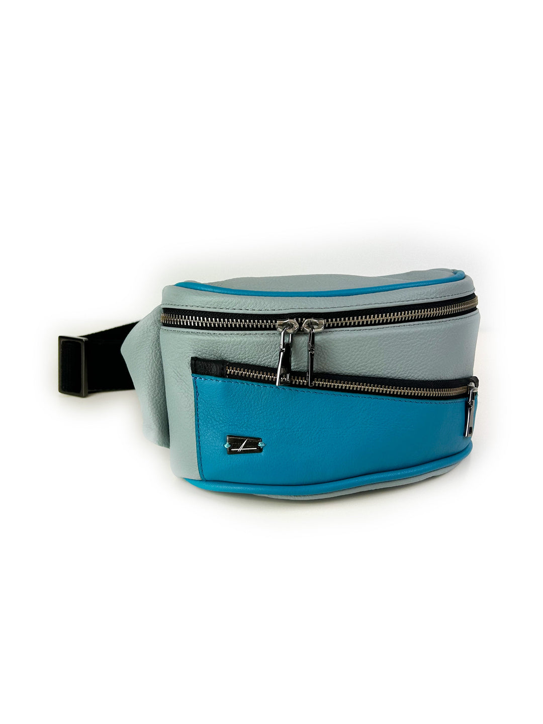 Light blue and grey waist bag with front zipper pockets