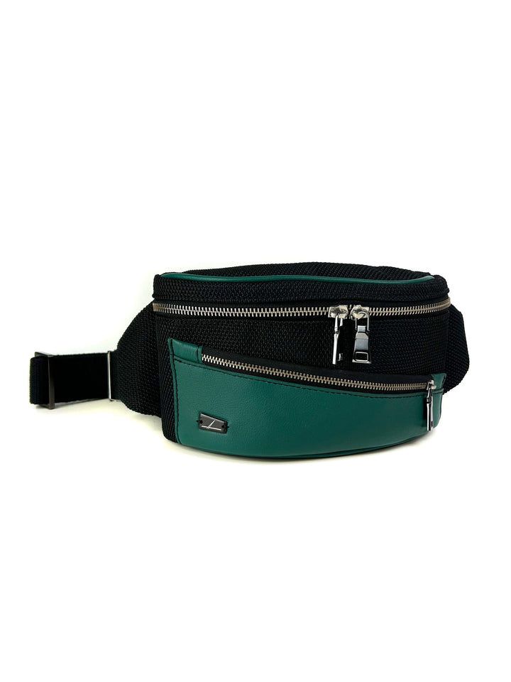 Green and black belt bag with zippers and adjustable strap