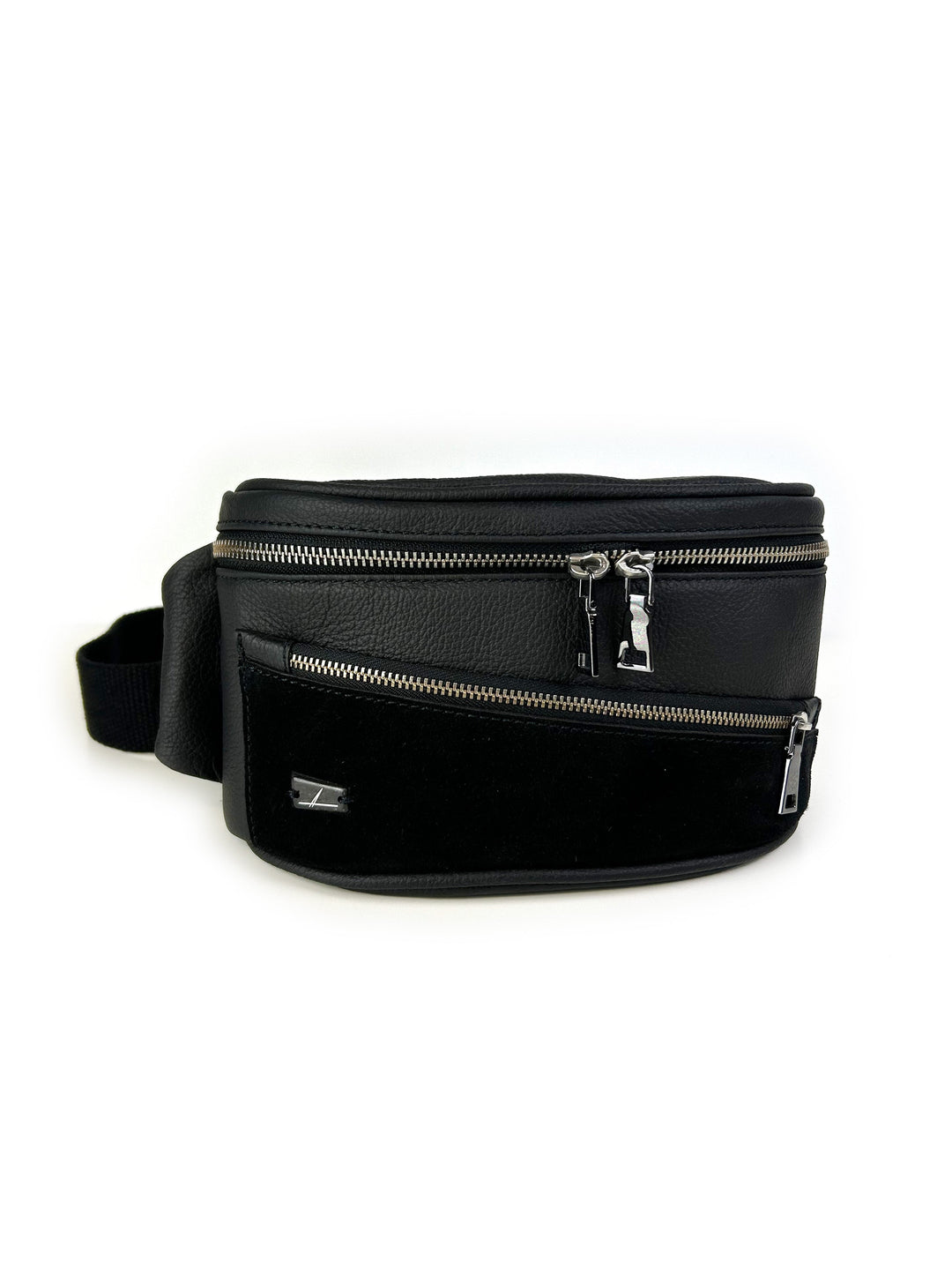 Black leather fanny pack with multiple zippered pockets