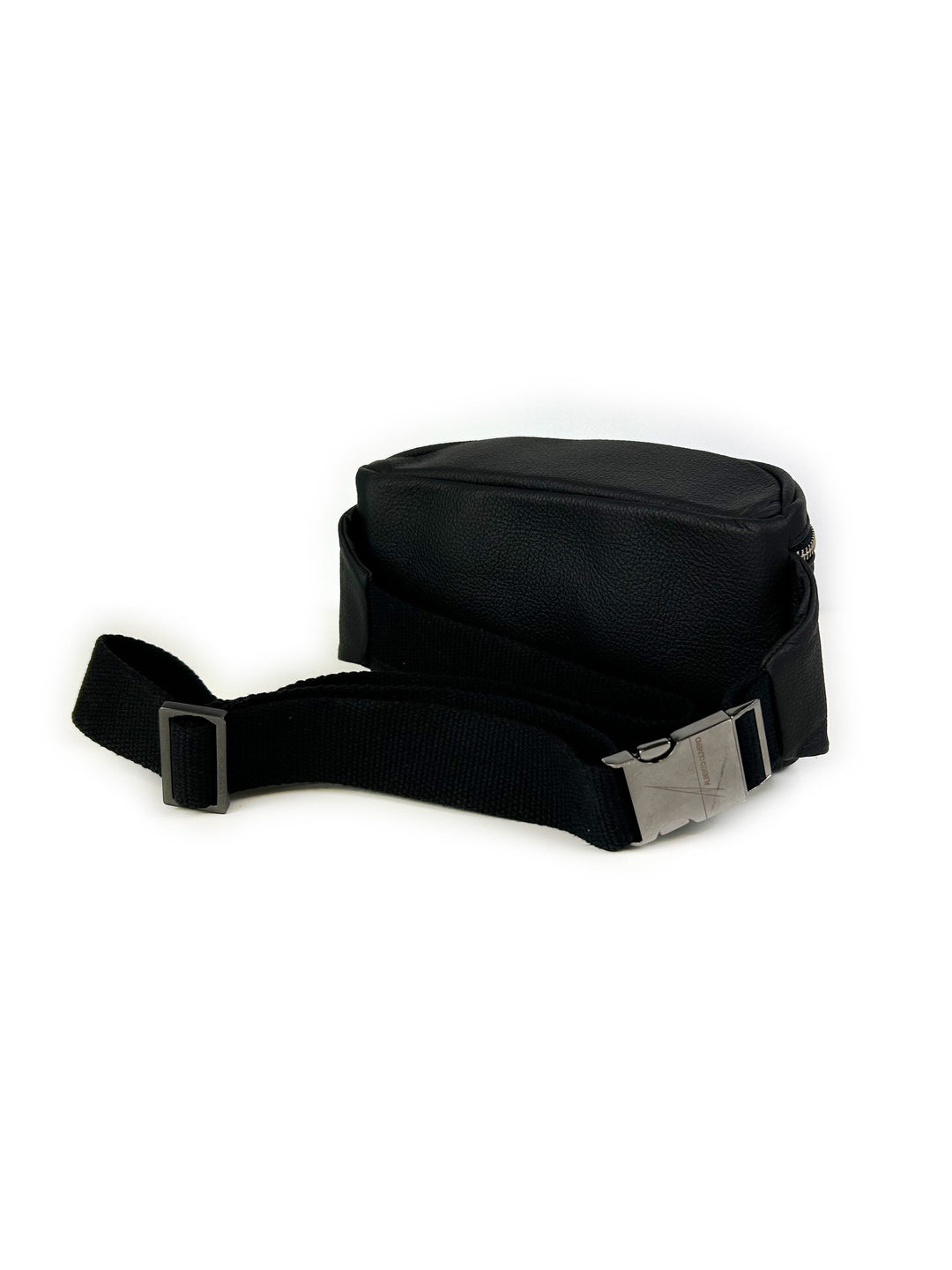 Black leather fanny pack with adjustable strap and buckle