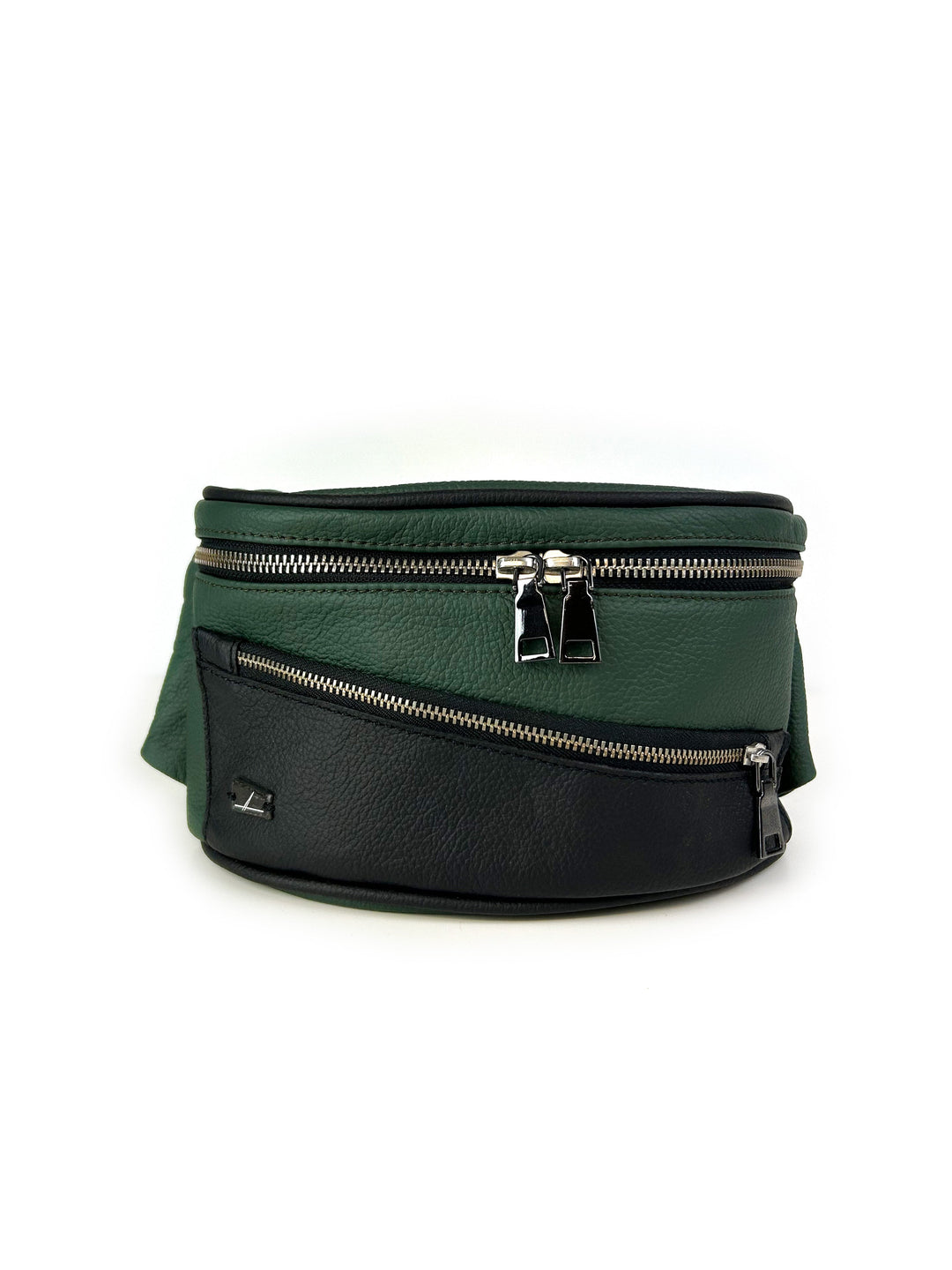 Green and black leather fanny pack with zippers